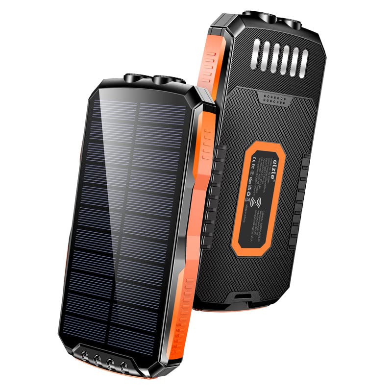 [Australia - AusPower] - Solar Power Bank, elzle Portable Charger 30000mAh Dual 5V 2.1A USB Outputs, 10W Wireless Charging IPX5 Waterproof 6W Super Bright Flashlight, External Battery Pack for Cell Phones 