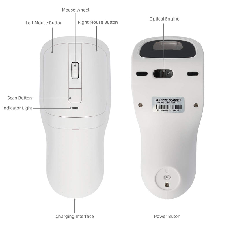 [Australia - AusPower] - Barcode Scanner, THARO Wireless Mouse Scanner, M3 2D Wireless Barcode Scanner Read 1D&2D Codes with Mouse Functions (White) White 