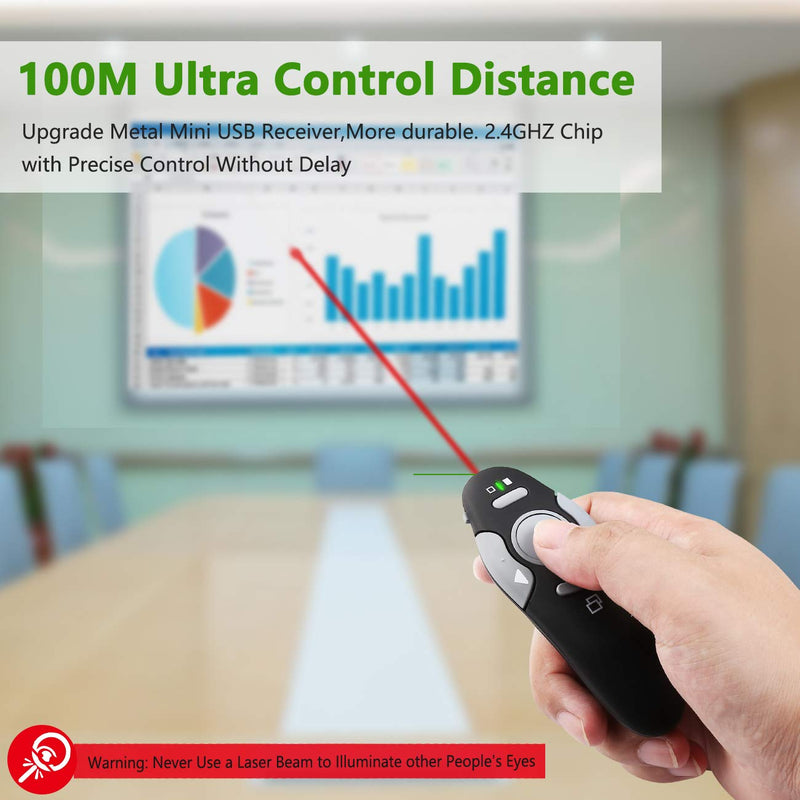 [Australia - AusPower] - Presentation Clicker Remote Laser Pointer - Wireless USB Presenter - Slideshow PowerPoint Clicker - Compatible with Win10︱MAC - Support PPT︱Keynote︱Google Slides (K100B) 
