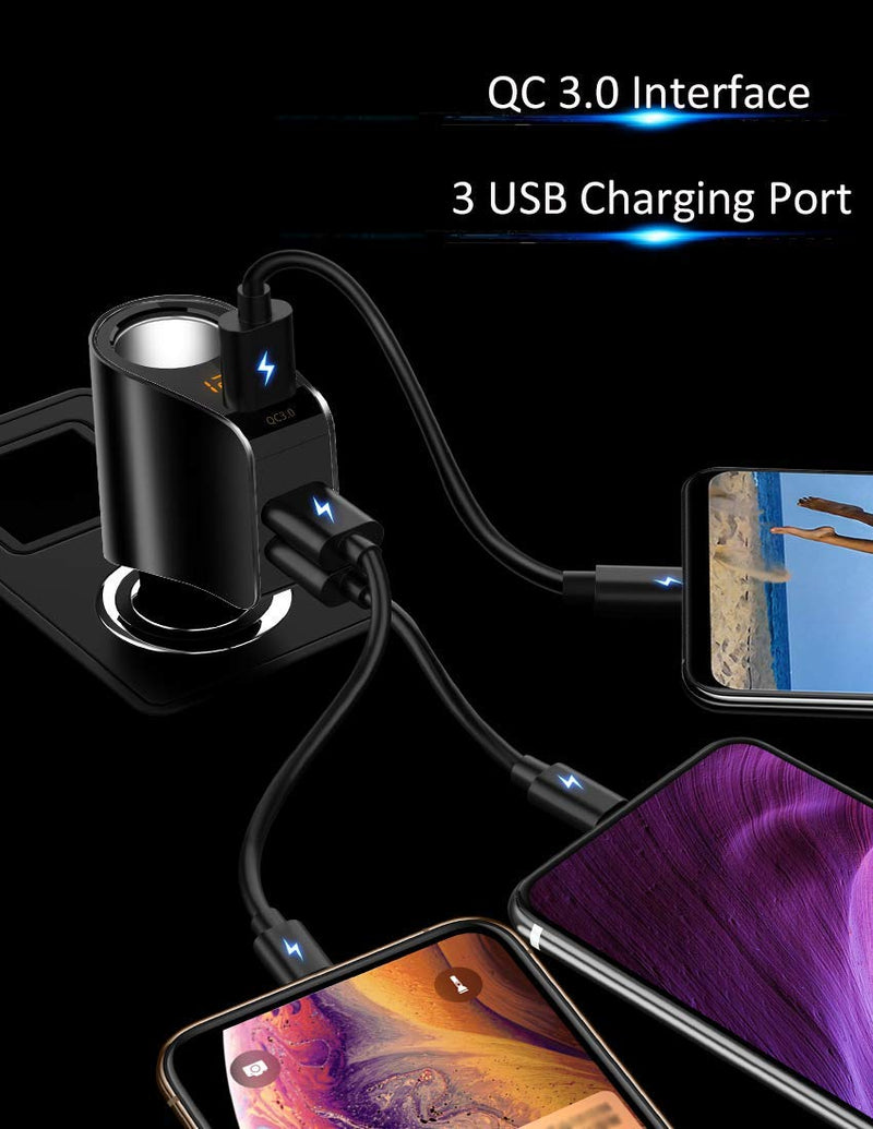 [Australia - AusPower] - Car Charger Extension Cigarette Lighter Adapter,Socket Splitter with 3 USB and Voltage Meter,Compatible with iPhone 13,12,12 Pro Max,iPad,Samsung,fit for 12V/24V Automobile Outlet (BlackQC3.0) BlackQC3.0 