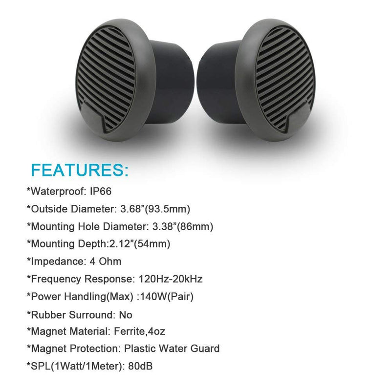 [Australia - AusPower] - Herdio 3 Inch Waterproof Marine Speakers Full Range Audio Motorcycle Speaker Stereo System with MAX Power 140 W (Pair) for Motorcycle,Boat,Hot tub,UTV,ATV,Golf Carts,Powersports,CAR,SPA(Grey) Gray 