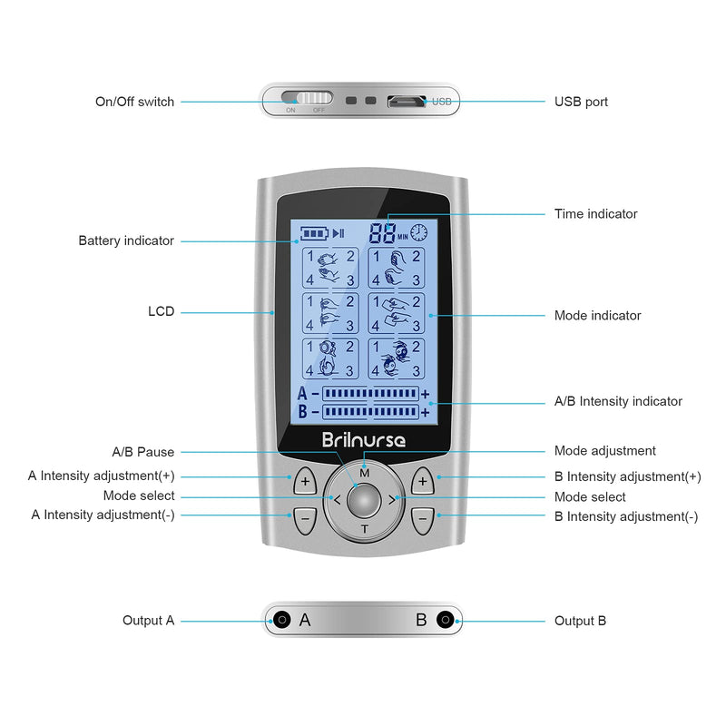 [Australia - AusPower] - Brilnurse Dual Channel TENS EMS Unit 24 Modes 30 Level Intensity Muscle Stimulator for Pain Relief, Rechargeable Mini TENS Machine Pulse Massager with 10 Pads/Storage Pouch/Lanyard/Cable Ties. 