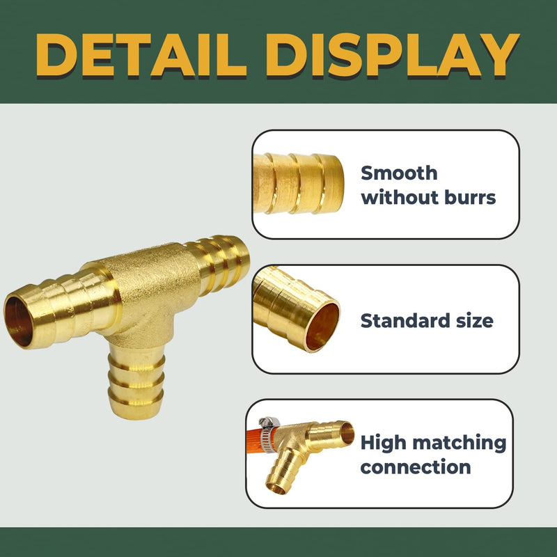 [Australia - AusPower] - LIONMAX Brass Hose Barb Tee Fittings 3 PCS, 5/8" x 5/8" x 5/8" ID Hose Barb, 3 Way Union Barb T Fitting, with 9 Hose Clamps, for Water/Fuel/Air 