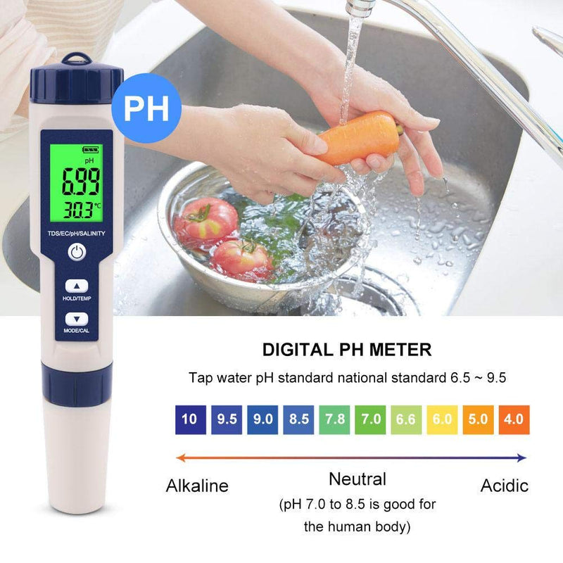 [Australia - AusPower] - PH Meter, EZ-9909 5 in 1 High Accuracy Portable Digital Water Quality Tester, for Measuring PH Salinity TDS EC Temperature, with Backlight Screen, IP67 Waterproof 