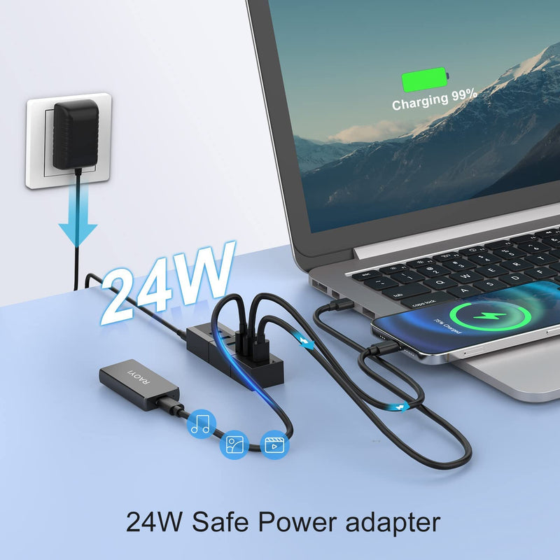 [Australia - AusPower] - Powered USB 3.0 Hub, RAOYI 6 Ports High Speed USB 3.0 Hub Splitter with 24W Power Adapter, 3.3ft Cable and Smart Fast Charger USB Hub for Laptop, PC, Mac, Mobile HDD, Mulitple Devices (Black) 6-Port 24W Black 