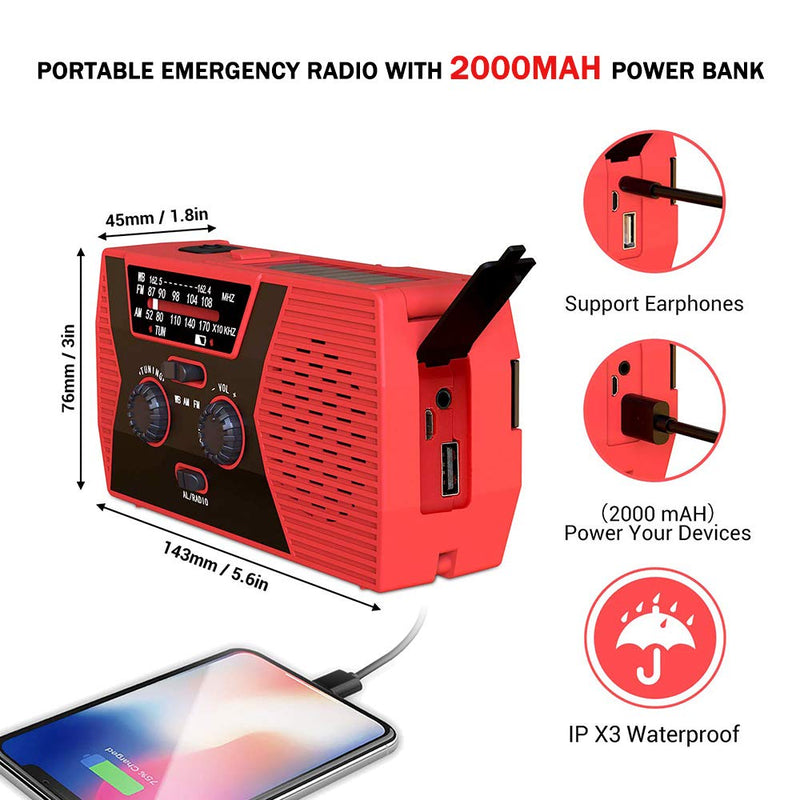[Australia - AusPower] - Emergency-Radio,Puiuisoul Solar Weather Radios with Hand Crank,NOAA/AM/FM, Headphone Jack,Alarm,Reading Lamp,2000mAh Power Bank 