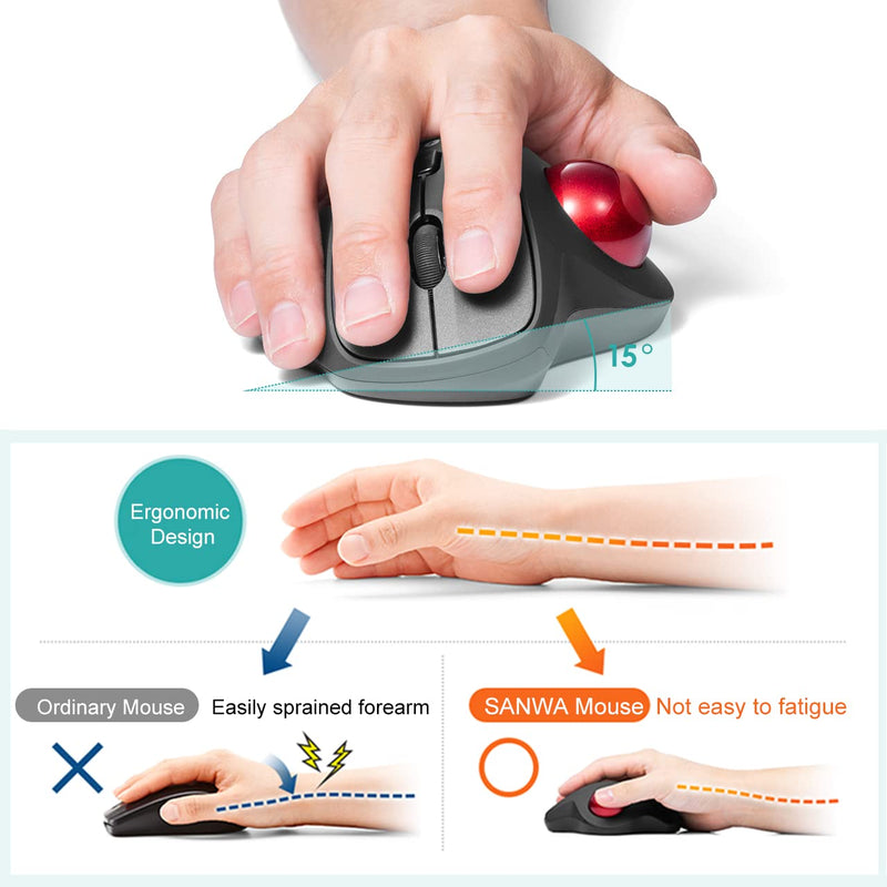 [Australia - AusPower] - SANWA Bluetooth Ergonomic Trackball Mouse, Optical Vertical Rollerball Mice, Silent Buttons, 600/800/1200/1600 Adjustable DPI, Compatible with MacBook, Windows, macOS, iPad, Android, iOS, Chrome OS 