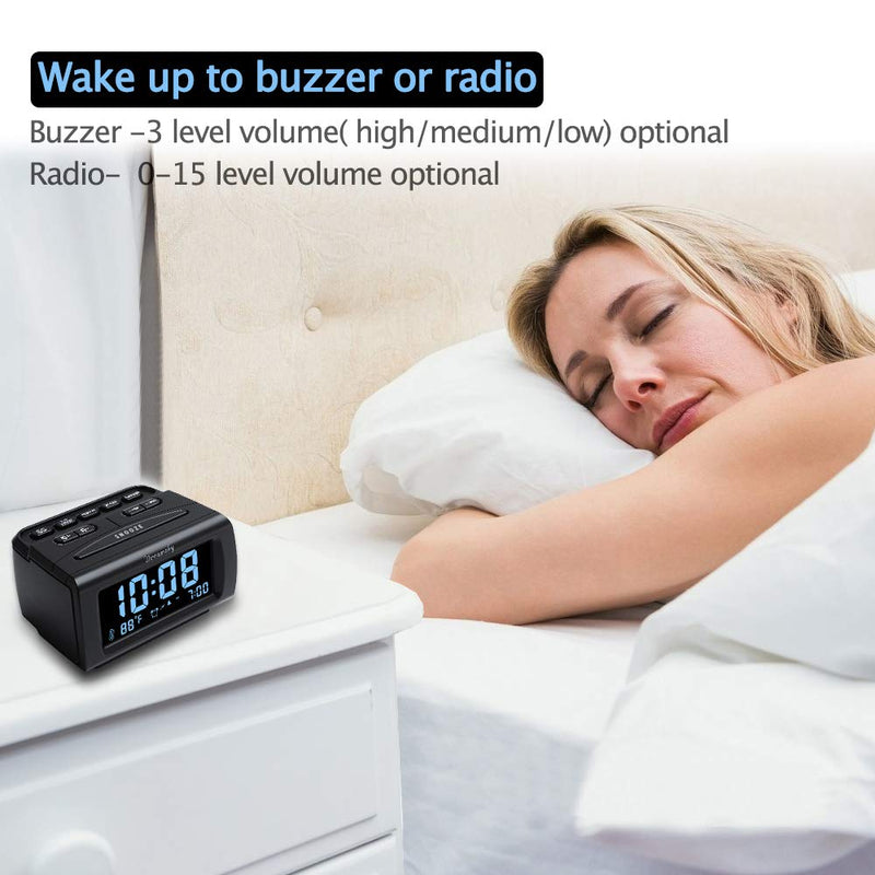 [Australia - AusPower] - DreamSky Alarm Clock Radio for Bedroom - FM Radio Clock with Battery Backup, USB Charing Port, 1.2 Inch Bold Digit 0%-100% Dimmer, Adjustable Alarm Volume, Temperature, Snooze, Sleep Timer, 12/24H Black 