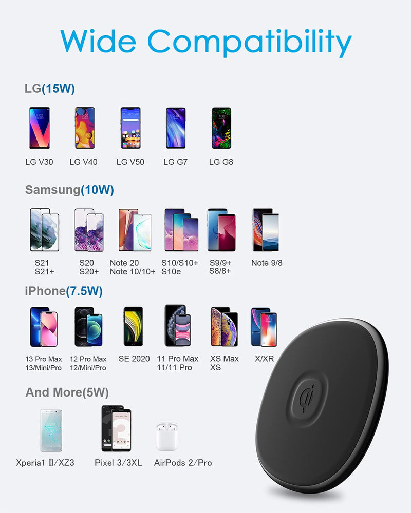[Australia - AusPower] - NANAMI Wireless Charger, Qi Certified 15W Max Fast Charging Pad with QC3.0 Adapter USB Charger for iPhone 13/13 Pro/12/11/XS Max/XR/X/8 Plus,Samsung Galaxy S21/S20/S10/S9/Note 20 Ultra/10, Airpods Pro 