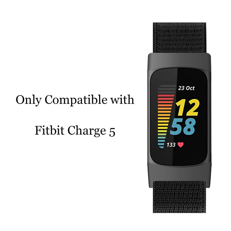 [Australia - AusPower] - Nylon Bands Only Compatible with Fitbit Charge 5 Bands, Soft Breathable Adjustable Replacement Nylon Loop Wristband Sport Strap for Women Men, Black, Large 