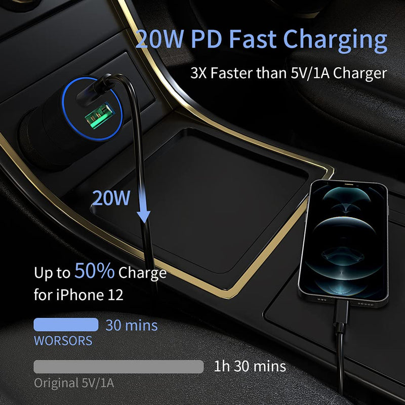 [Australia - AusPower] - WORSORS USB C Fast Car Charger, 20W PD&QC3.0 Dual Port Car Adapter Compatible for iPhone 13 Pro Max/13 Pro/13 Min/13, iPhone 12/11/XS/XR/X/8 Plus/SE2020 + MFi Certified Type C to Lightning Cable 3FT 
