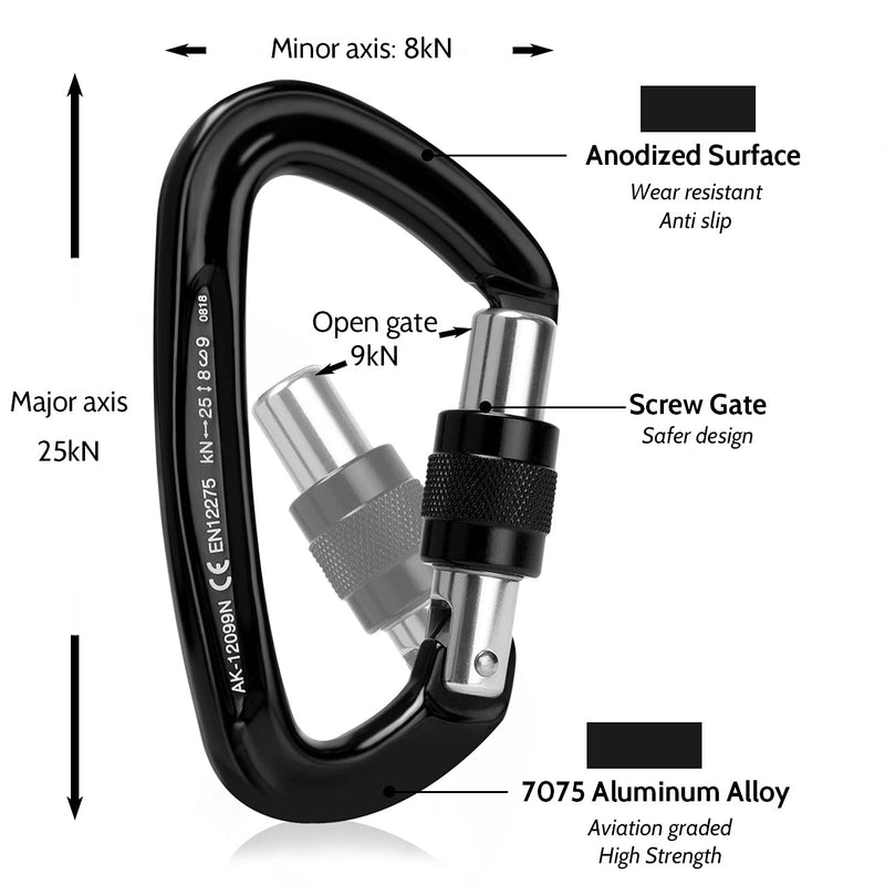 [Australia - AusPower] - Paliston Locking Carabiner - 25kN 5600lb Climbing Carabiner Screw Gate D Shape Carabiner A-Black Pack of 2 
