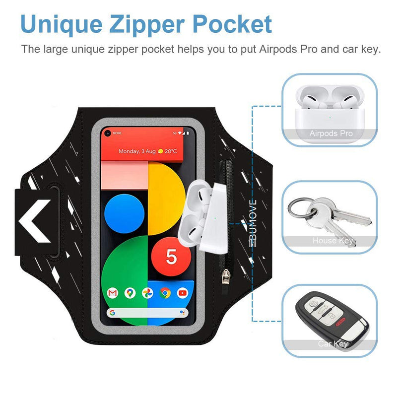 [Australia - AusPower] - Pixel 5/4a/4/3 Armband, BUMOVE Gym Running Workouts Sports Phone Arm Band for Google Pixel 5, 4a 5G, 4, 3, 3a, 2 up to 6.2 inch with Airpods Key Card Holder (Black) Black (Up to 6.2") 