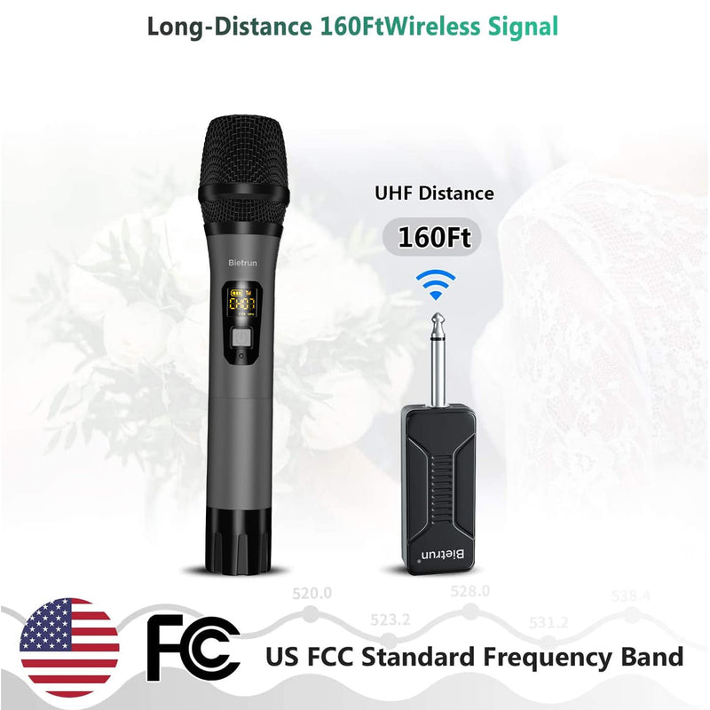 [Australia - AusPower] - Bietrun Wireless Microphone, UHF Metal Dynamic Handheld Karaoke Mic with Rechargeable Receiver (Work 6hs), 160ft Range, For Karaoke Machine Singing, Amplifier Speaker, Mixer, Speech, Church, Interview Battery Grey 
