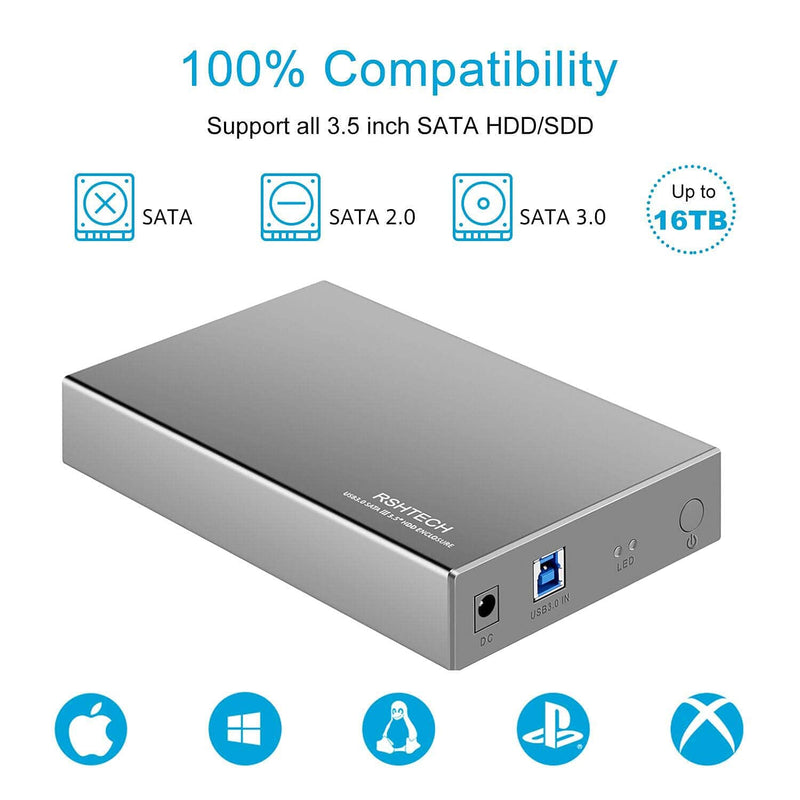 [Australia - AusPower] - Hard Drive Enclosure RSHTECH USB 3.0 to SATA Aluminum External Hard Drive Dock Case for 3.5 inch HDD SSD up to 16TB Drives, Support UASP (RSH-339) USB 3.0 Enclosure 