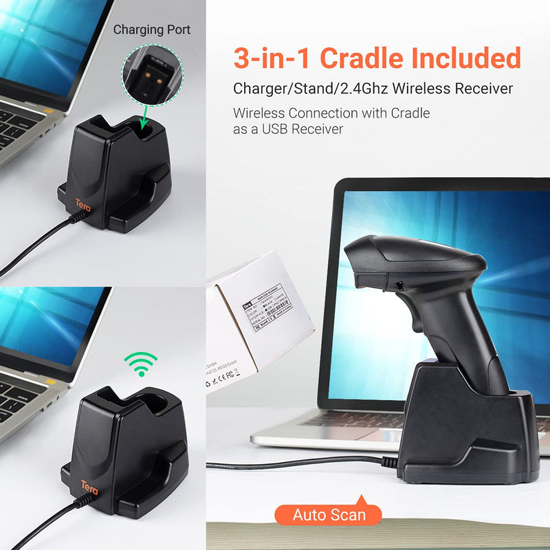 [Australia - AusPower] - Tera Wireless Barcode Scanner 1D 2D QR with USB Charging Base Handheld Bar Code Reader Scanner Automatic Sensing Fast Precise Scanner, D6100 