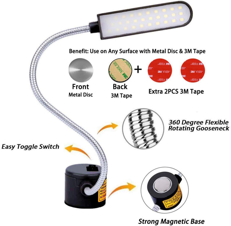 [Australia - AusPower] - EVISWIY Sewing Machine Light LED Lighting (30LEDs) 6 Watt Multifunctional Flexible Gooseneck Arm Work Lamp with Magnetic Mounting Base for Workbench Lathe Drill Press 2 Pack Black 