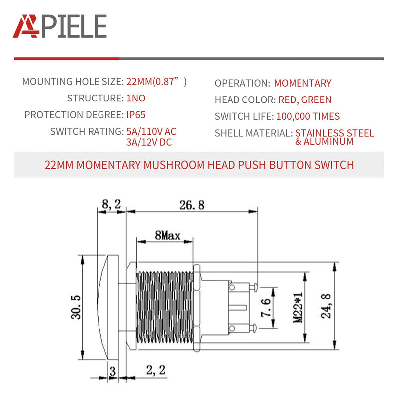 [Australia - AusPower] - APIELE 22MM Mushroom Head Push Button Switch Momentary Push Button IP65 Waterproof 12V 24V 36 DC 110V 250V AC 5A SPST(22mm, Red) 