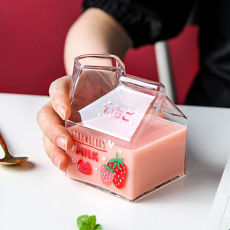 [Australia - AusPower] - Blsky Kawaii Glass Milk Carton Cup Microwavable 12 Oz Cute Milk Cups Mini Creamer Container Strawberry Square Breakfast Mug Glass Creamer Pitcher with Gift Box (Strawberry) 