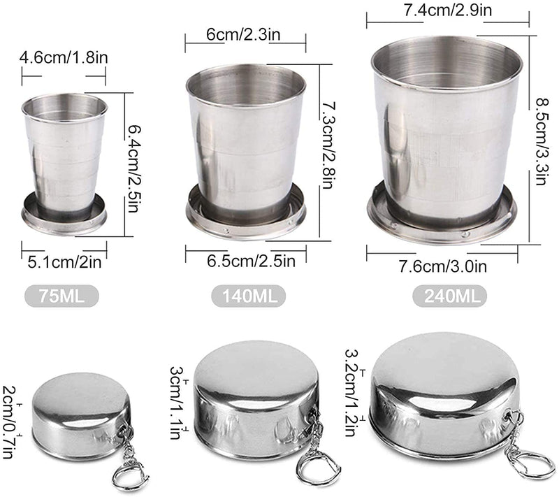 [Australia - AusPower] - 3PCS Collapsible Travel Cups For Dishes & Utensils , Stainless Steel Folding Camping Cup With Lids - 2.5 oz , 4.7 oz , 8.2 oz , Expandable Portable Reusable Drinking Mug For Survival , Hiking , Picnic 