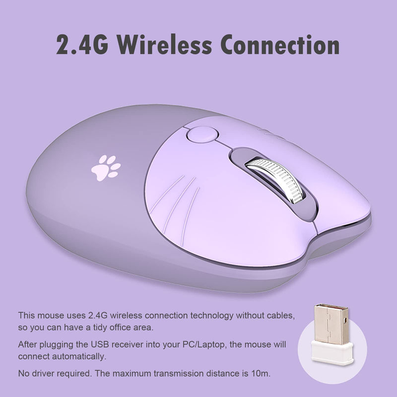 [Australia - AusPower] - Cute Cat Wireless Mouse, Silent Mouse, 2.4G Wireless Mice, Candy Colors, Kawaii Mouse for Girls and Kids (Purple) Purple 