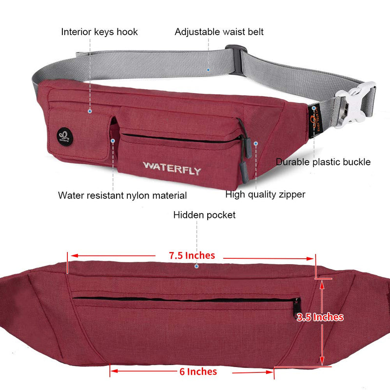 [Australia - AusPower] - WATERFLY Fanny Pack for Women Men Water Resistant Small Waist Pouch Slim Belt Bag with 4 Pockets for Running Travelling Hiking Walking Lightweight Crossbody Chest Bag Fit All Phones Wine red 