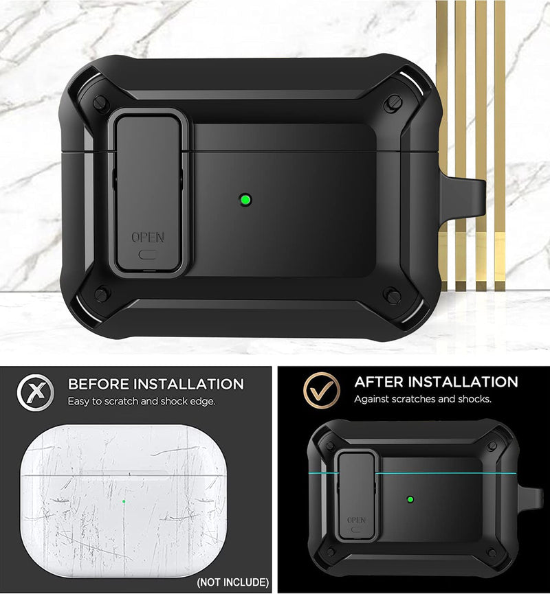 [Australia - AusPower] - Wonjury for Airpods Pro Case Cover for Men with Lock, Military Armor Series Full-Body AirPod Pro Case with Keychain Cool Air Pod Pro Shockproof Protective Case for AirPods Pro 2019, Black #Black 