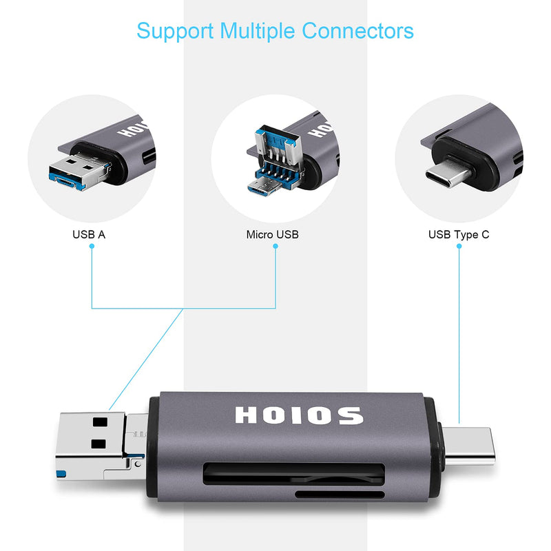 [Australia - AusPower] - SD Card Reader USB-C,3-in-1 Memory Card Reader with Tri-Connectors, USB 3.0 Card Reader Adapter for SDXC,Micro SDXC,Compatible with Windows,Mac OS ,Linux, Android,Silver Gray 