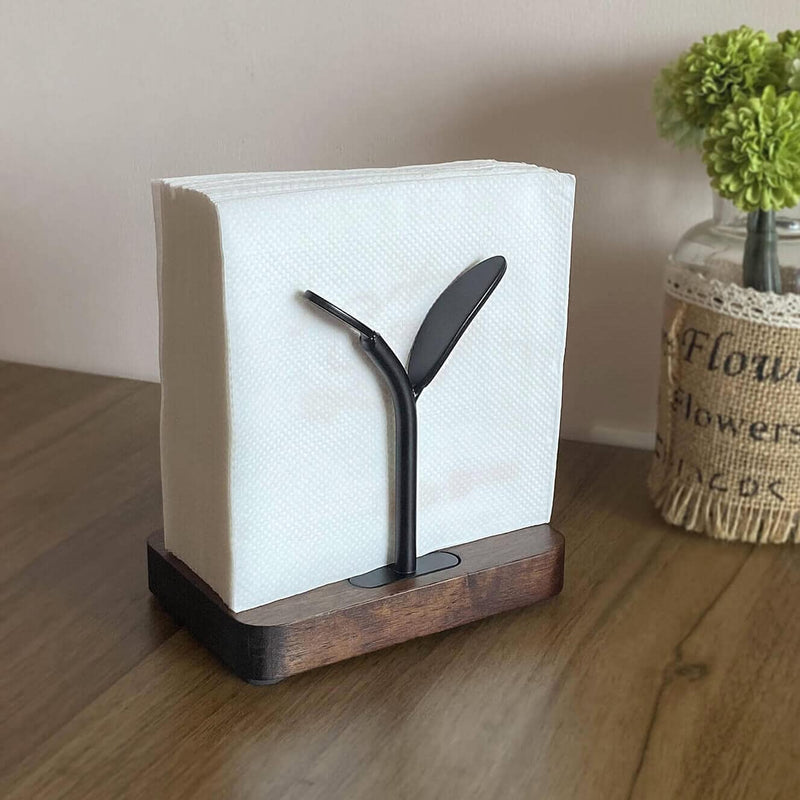 [Australia - AusPower] - Leaf Napkin Holder, Wooden Napkin Holder for Tables, Freestanding Tissue Dispenser for Kitchen Countertop, Dining, Picnic Table, Indoor & Outdoor Use, Home Decor, Modern, Sturdy, Easy Assembly, Black 