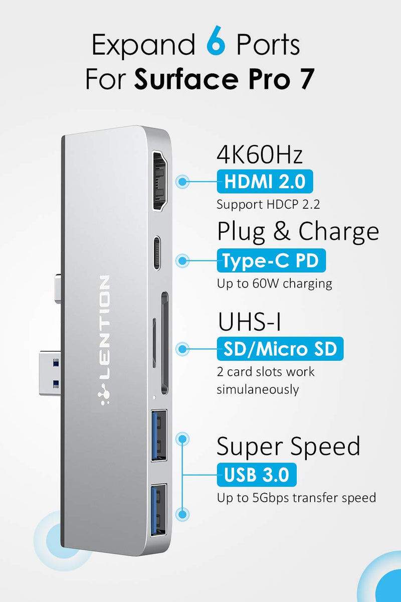 [Australia - AusPower] - LENTION 6-in-1 USB C Hub for Surface Pro 7 Only, with 4K/60Hz HDMI, SD & Micro SD Dual Card Reader, 2 USB 3.0 and 60W Type C Charging Port, Stable Driver Adapter (CB-CS34, Silver) 