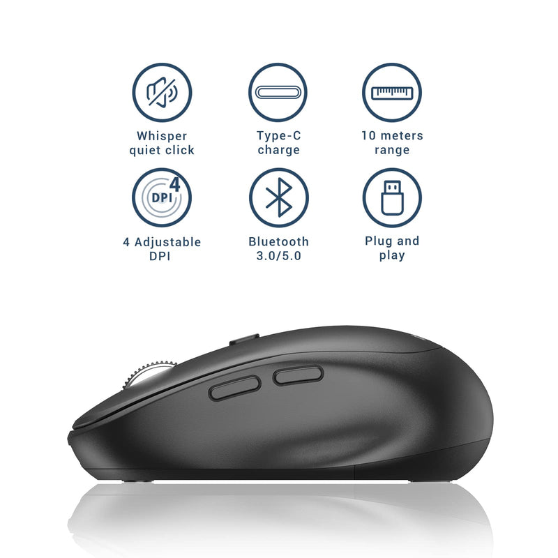 [Australia - AusPower] - Wireless Mouse, iClever MD165 Dual Mode Wireless Mouse, Bluetooth Type-C Rechargeable Mouse, 2.4G Wireless Computer Mice with USB Receiver, 3 Device Connection for Windows 7/8/10, Mac, iOS, Android 