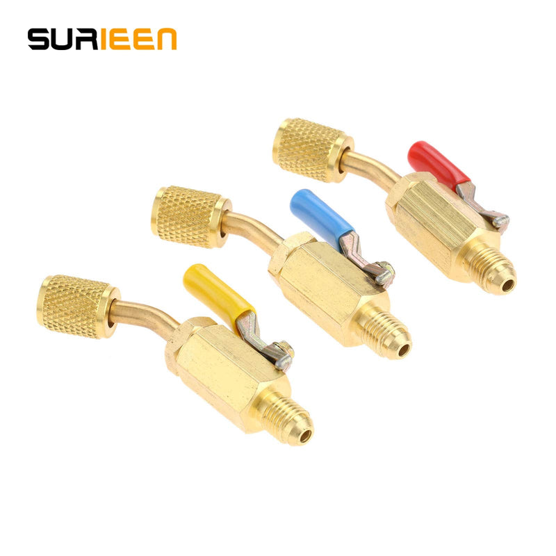 [Australia - AusPower] - SURIEEN 3 Pack R134A Angled Compact Shut-Off Ball Valve Adapter 3 Colors 1/4" SAE Thread Fits for HVAC Air Conditioning Refrigerant R134A R12 R22 R502 Charging Hoses Air Condition Refrigerant Tools 