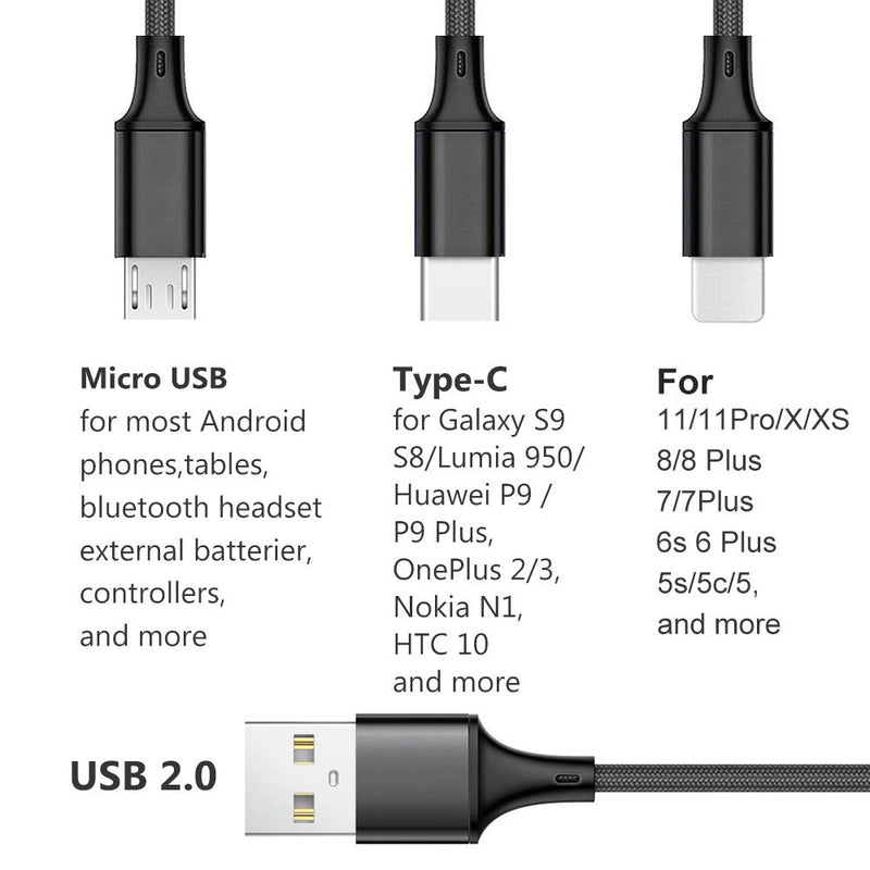 [Australia - AusPower] - Multi Charging Cable, 2Pack Multi Charger Cable Short 1FT Braided Universal 3 in 1 Multiple USB Cable Charging Cord with Type-C, Micro USB Port Connectors for Cell Phone, Tablets 