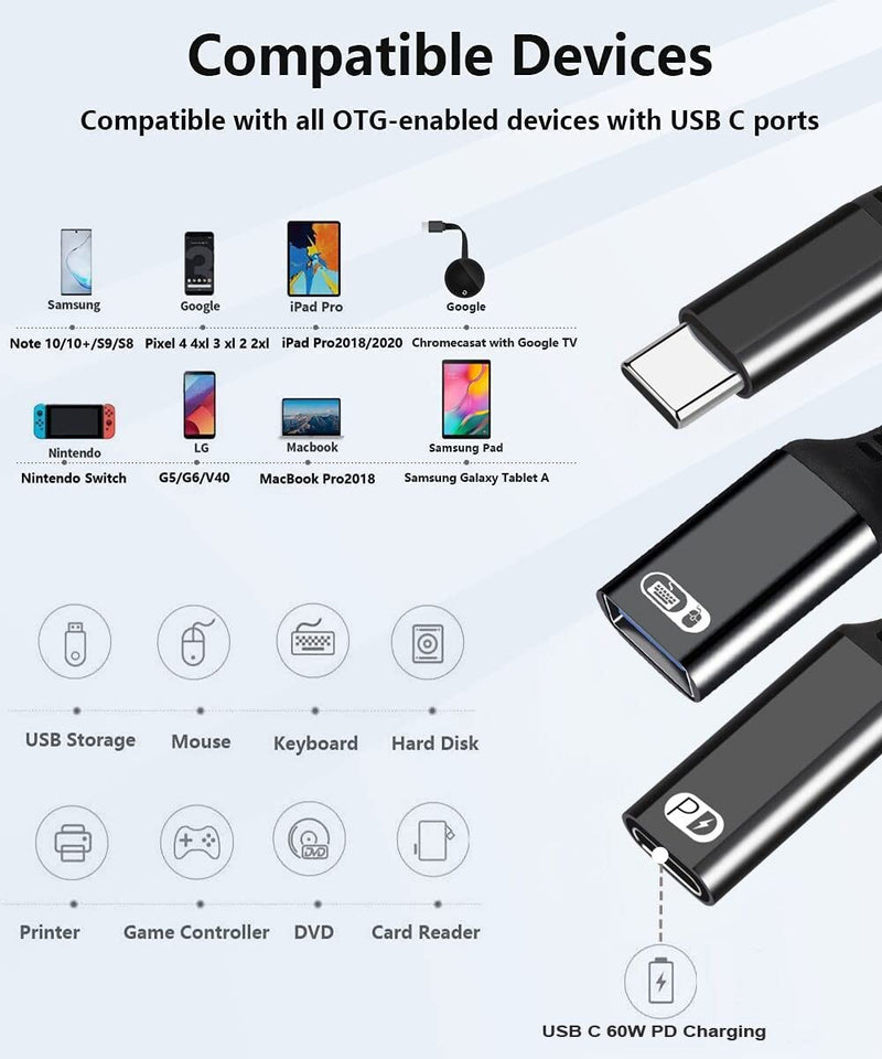 [Australia - AusPower] - USB C OTG Adapter, USB C to USB Female with 60W PD Charging OTG Adapter Compatible with Galaxy S20/S20+/Note10, LG V40, Google Pixel4 XL, Google Chromecast with Google TV 2020 Black 