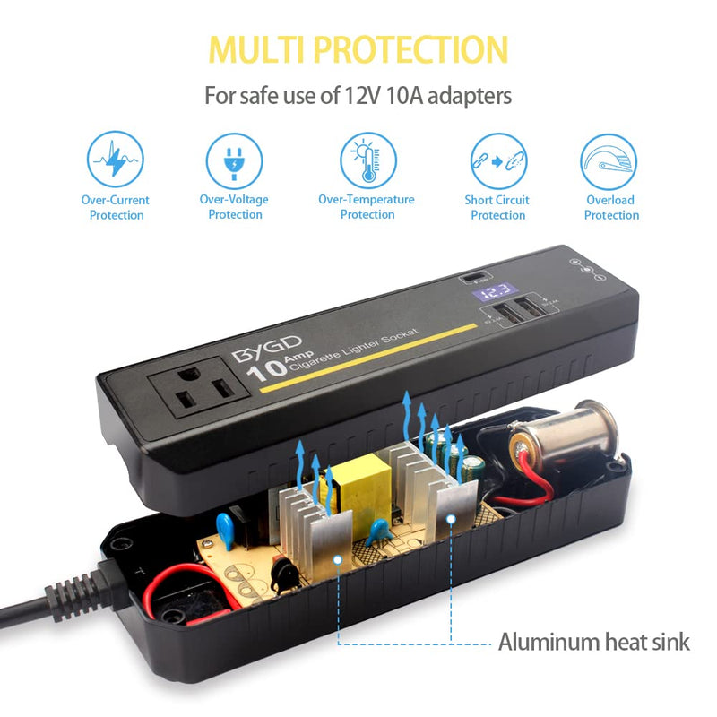 [Australia - AusPower] - AC to DC Converter, 100-240V to 12V 10A Power Adapter with Cigarette Lighter Socket and Voltage Display, 2 USB Ports & Type-C, Power Converter for Car Vacuum Cleaner, Car Refrigerator, Inflate Pump 