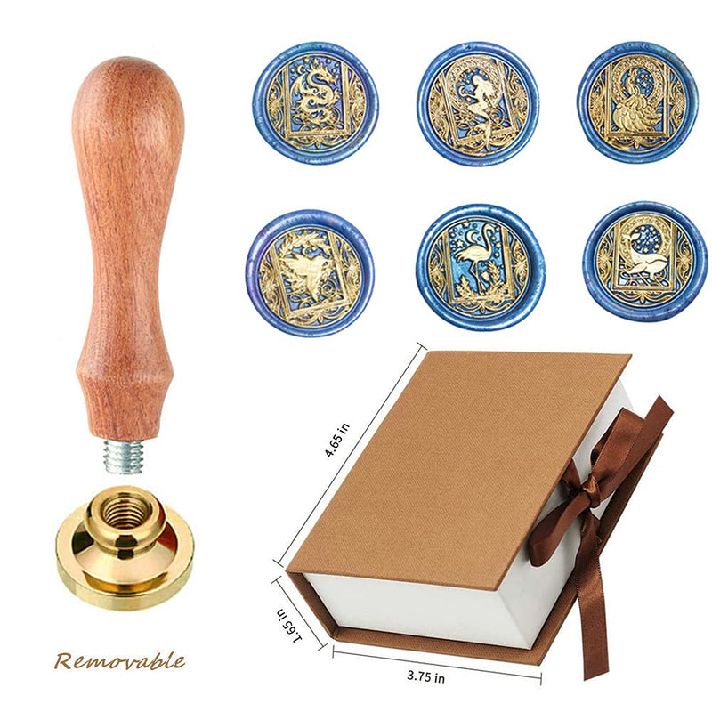 [Australia - AusPower] - Afobby Wax Seal Stamp Kit, Animal Wax Seal Stamp Set with 6 PCS Removable Brass Heads and 1 Wooden Handle, Dragon Mermaid Peacock Hummingbird Sealing Wax Stamps for Wedding Invitation Envelopes Animal wax seal stamp kit2 