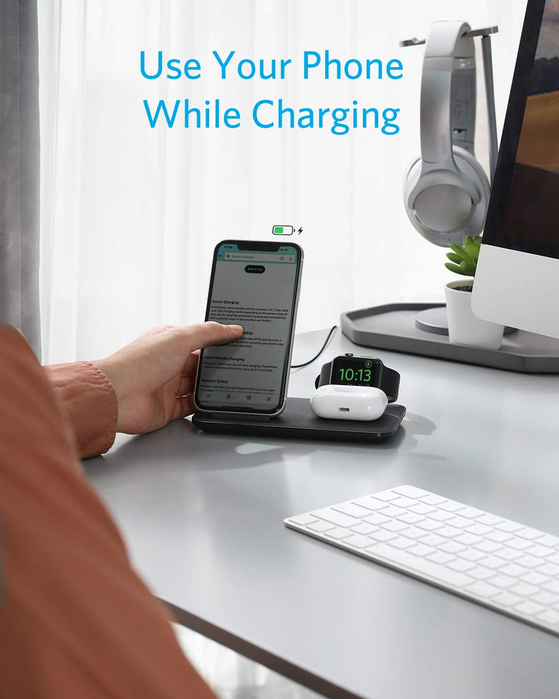 [Australia - AusPower] - Anker Wireless Charging Station with Power Adapter for Apple Products, PowerWave 3 in 1 Qi-Certified Stand for Apple Watch, iPhone 13, 13 Mini, 13 Pro, AirPods Pro (Watch Charging Cable Not Included) 
