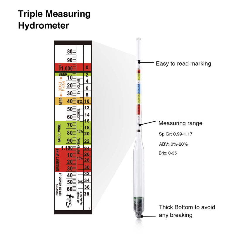 [Australia - AusPower] - SOLIGT Triple Scale Hydrometer and Glass Test Jar for Wine, Beer, Mead & Cider - ABV, Brix and Gravity Test Kit 