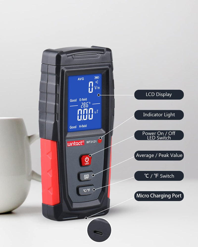 [Australia - AusPower] - Wintact EMF Meter, Smart Digital Electromagnetic Fields Radiation Detector Meter, Rechargeable, Handheld Portable with Temperature, LCD Back-Light, Sound-Light Alarm for Home Paranormal Ghost Hunting 