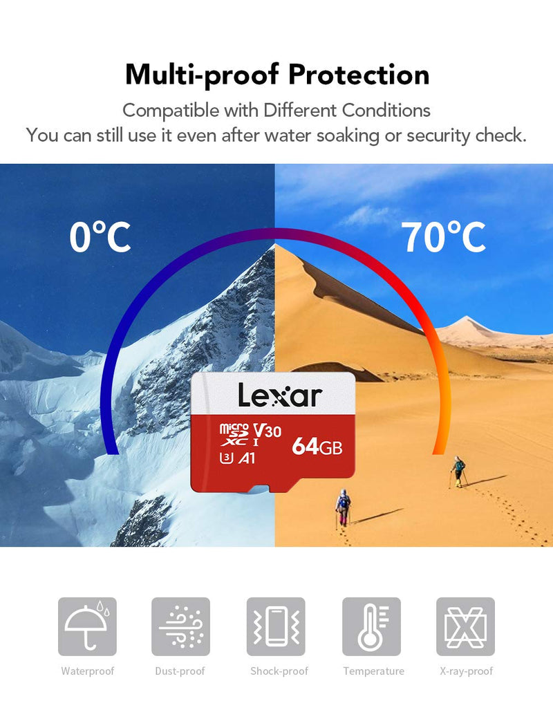 [Australia - AusPower] - Lexar 64GB Micro SD Card 2 Pack, microSDXC UHS-I Flash Memory Card with Adapter - Up to 100MB/s, U3, Class10, V30, A1, High Speed TF Card (2 microSD Cards + 1 Adapter) 64GB x 2 
