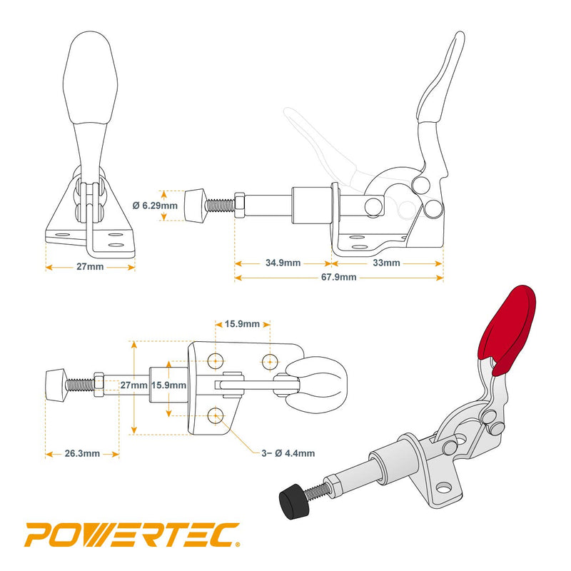 [Australia - AusPower] - POWERTEC 20323 Push/Pull Quick-Release Toggle Clamp 301A - 100 lbs Holding Capacity w Rubber Pressure Tip, 2PK 