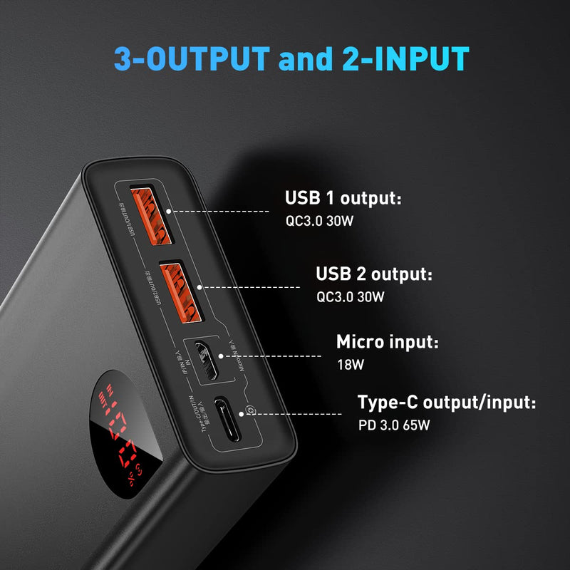 [Australia - AusPower] - Baseus Power Bank, 65W 20000mAh Laptop Portable Charger, Fast Charging USB C 4-Port PD3.0 Battery Pack for MacBook Dell XPS IPad iPhone 13/12 Pro Mini Samsung Switch black 