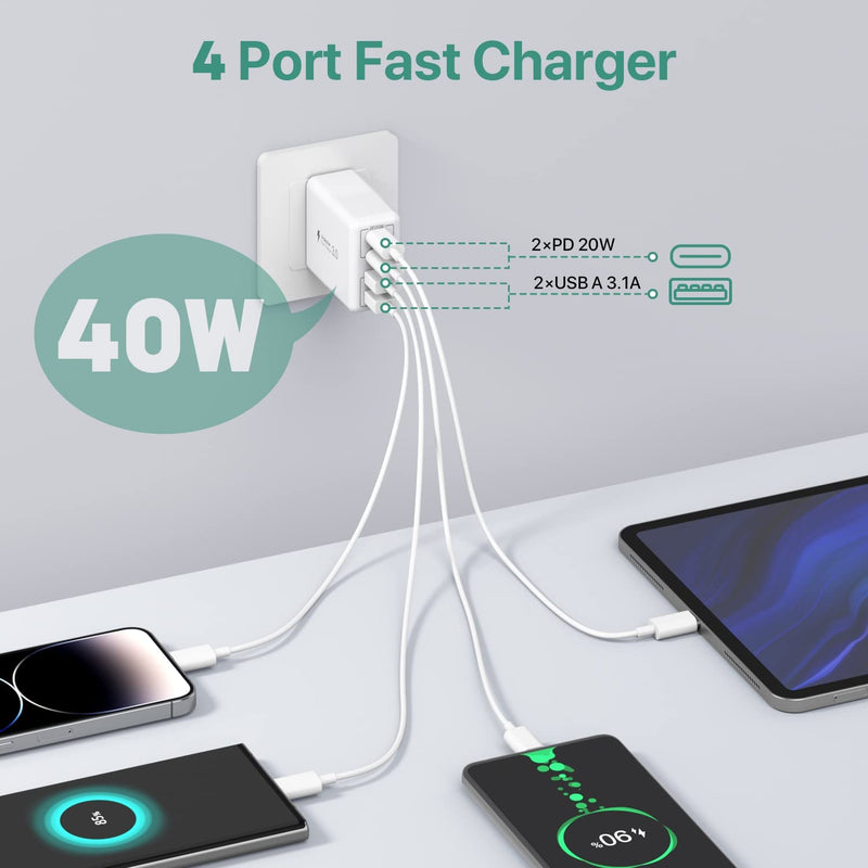 [Australia - AusPower] - USB C Wall Charger, 40W 4-Port USB C Charger Block, Fast Charging Block Dual Port PD+QC Wall Plug Multiport Type C for iPhone 14/13/12/11/Pro Max/XS/XR/8/7, iPad, Samsung Phone, Tablet 