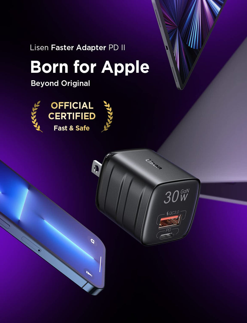 [Australia - AusPower] - 30W USB C Wall Charger Block, LISEN 2-Port iPhone Charger Fast Charging with GaN II Tech, PD 3.0/QC 3.0 Pint-Sized Type C Charger Compatible with iPhone 13/12/Mini/Pro/Pro Max, iPad Pro/Air, Samsung 