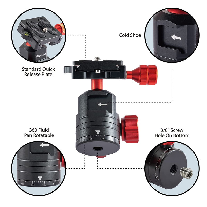 [Australia - AusPower] - ANNSM Tripod Ball Head 360 Degree Rotating Swivel Panoramic Head with Cold Shoe Seat and 38mm Width QR Plate for DSLR Camera,Smartphone,Video Light,Slider,Stabilizer,Monopod 