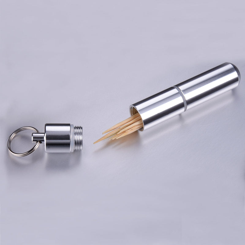 [Australia - AusPower] - Hotop Portable Toothpick Holder Pocket Waterproof Aluminium Alloy Toothpick Box Metal Pill Case with Key Ring, 2.8 x 0.6 Inch 