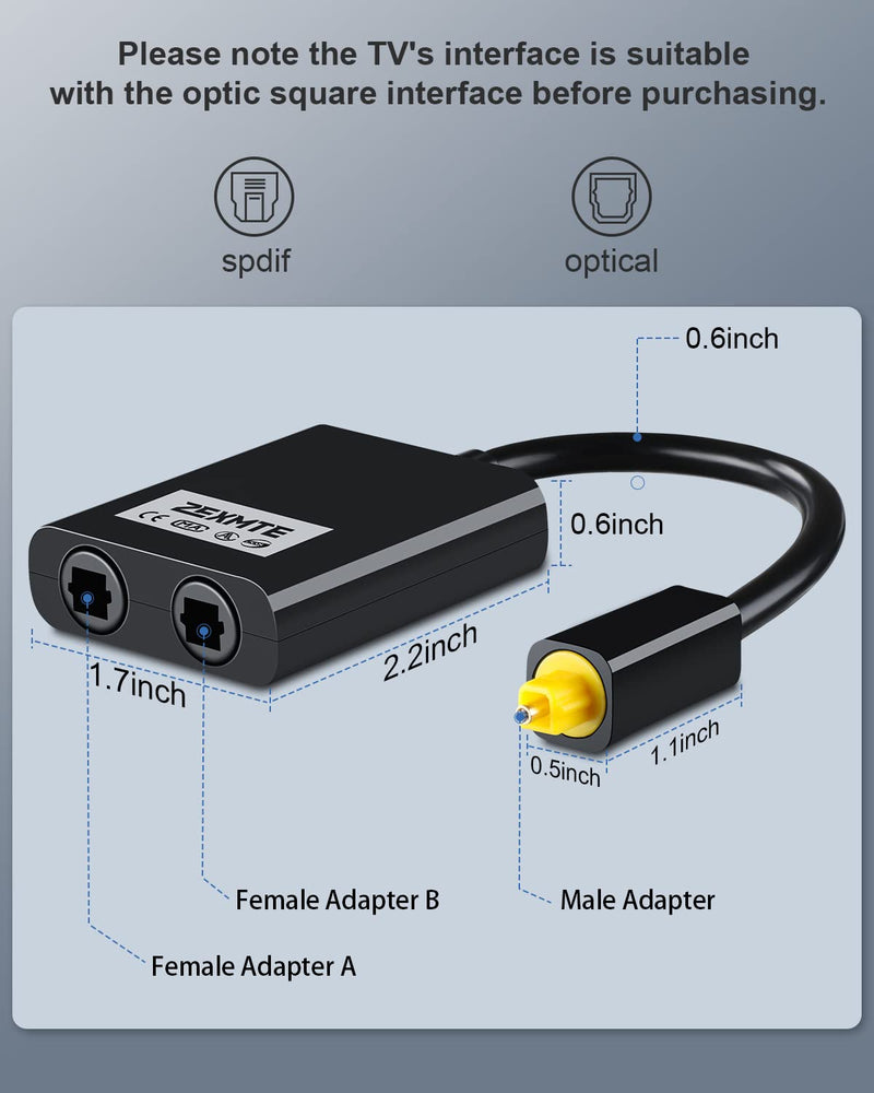 [Australia - AusPower] - ZEXMTE 【Upgraded】 Optical Fiber Splitter 1 in 2 Out Optical Audio Splitter, Fiber Optical Splitter with 24K Gold Plated Connectors for CD Player, DVD Player, Receiver-Black 
