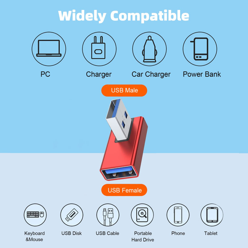 [Australia - AusPower] - AreMe 90 Degree USB 3.0 Adapter 2 Pack, Left and Right Angle USB A Male to Female Converter Extender for PC, Laptop, USB A Charger, Power Bank and More (Red) Left/Right Red 