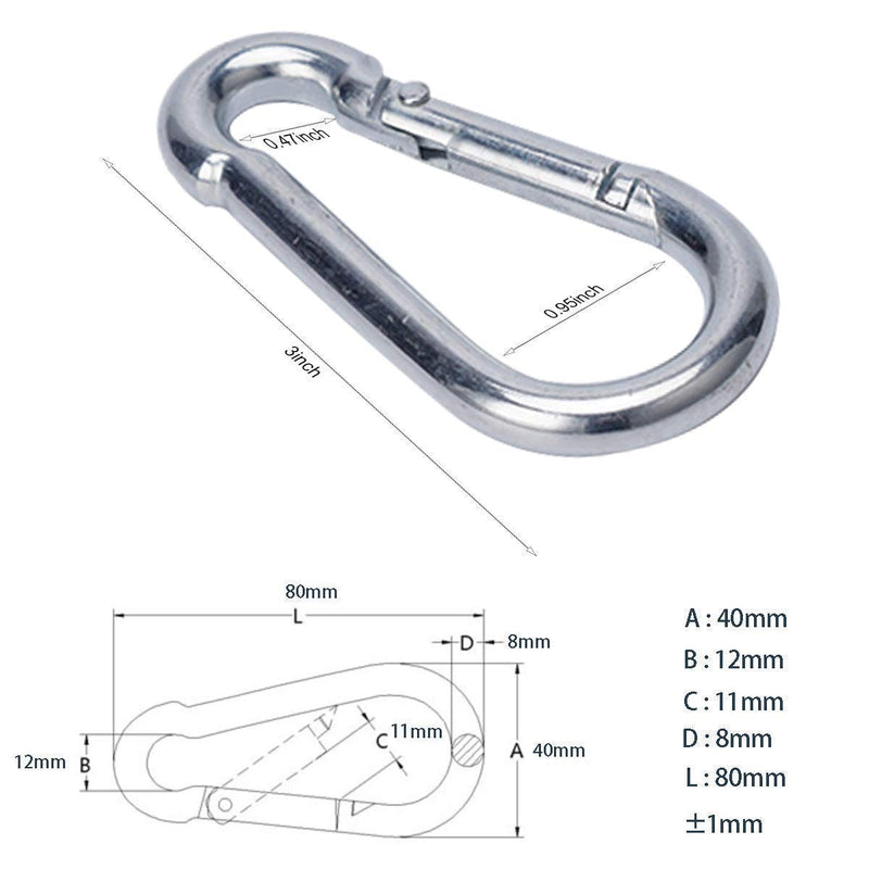 [Australia - AusPower] - OWAYOTO 3 Inch Carabiner Clip Spring Snap Hook Heavy Duty 6pcs M8x80mm for Fitness Hammock Swing Camping Hiking 