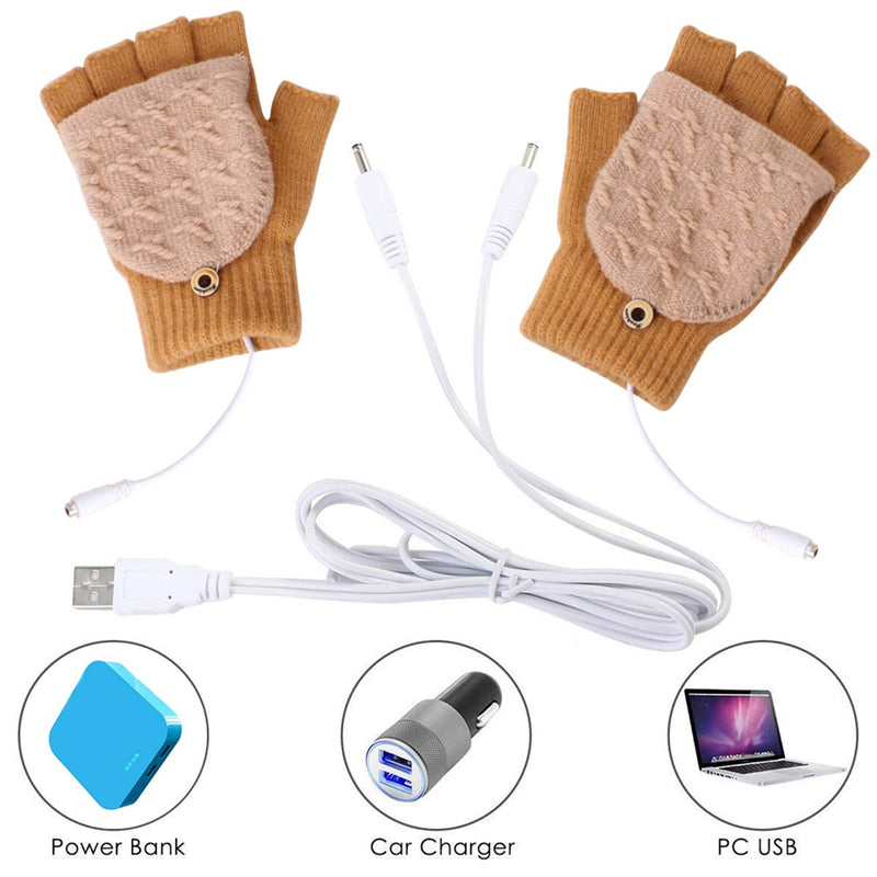 [Australia - AusPower] - oenbopo USB Heated Gloves Winter Half Fingers USB Heating Warm Gloves (Yellow + Beige) 